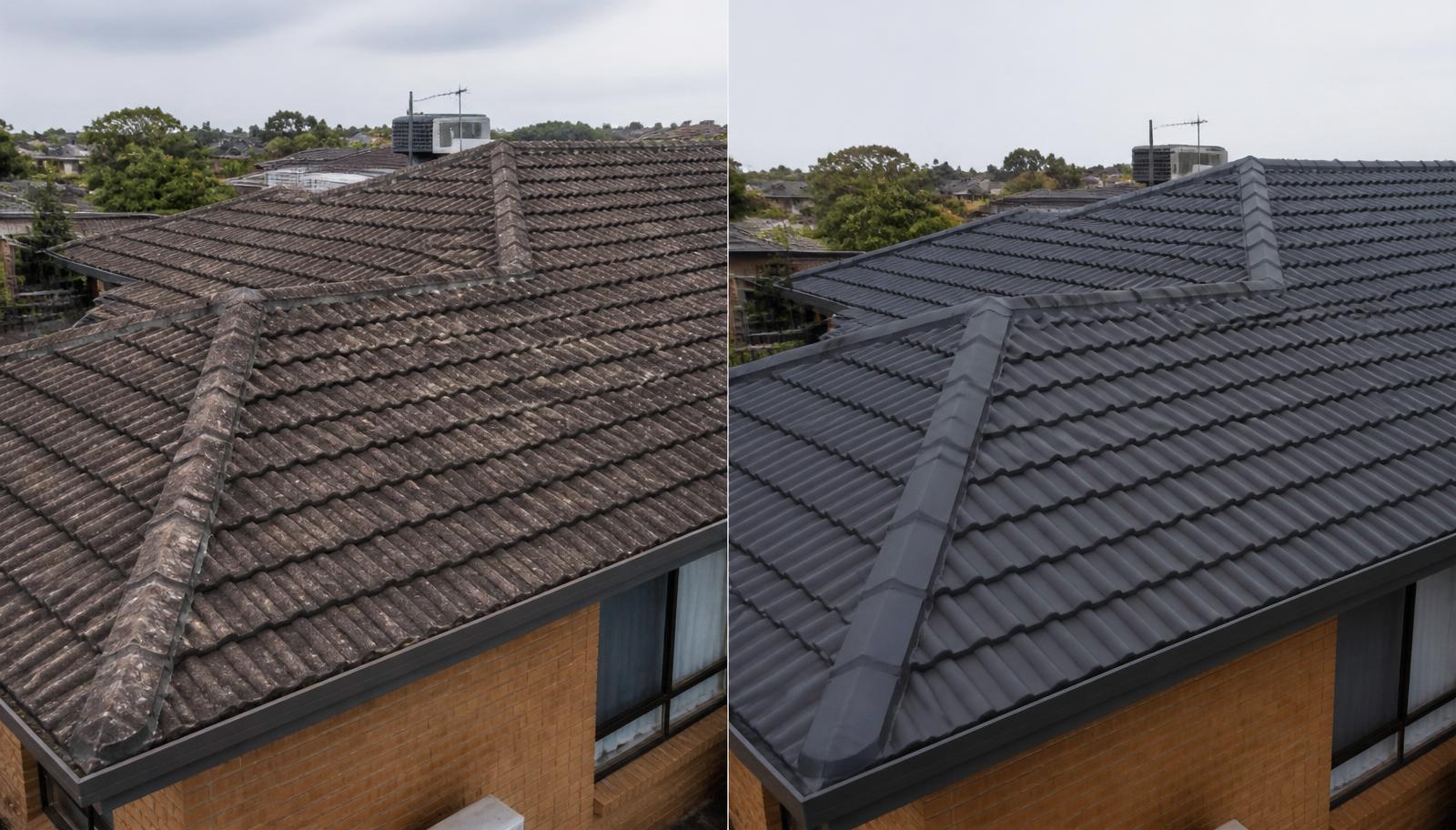 Before and after comparison of a Melbourne tile roof repair