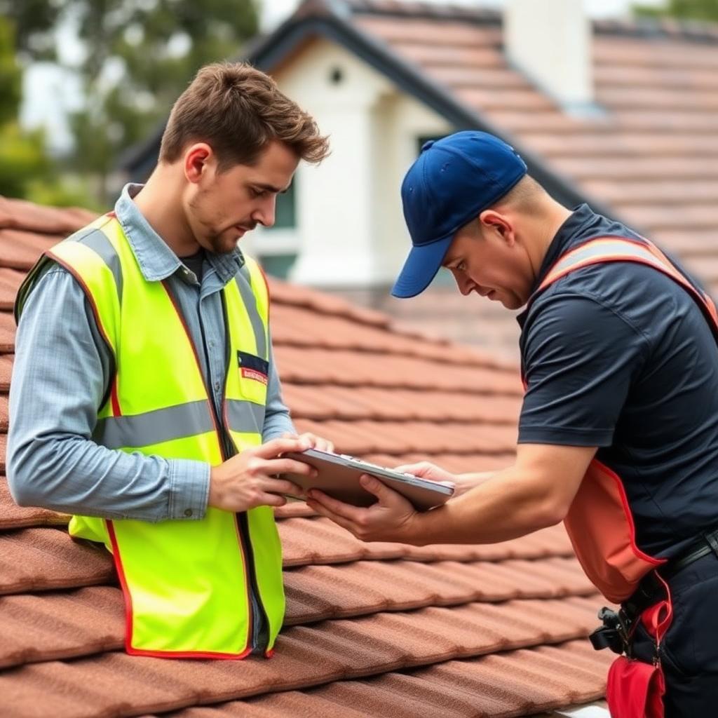Roofing professionals inspecting a residential tiled roof with a tablet
