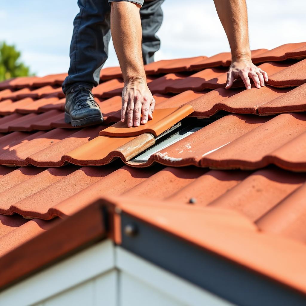 Roofer replacing a cracked terracotta tile on a residential tiled roof
